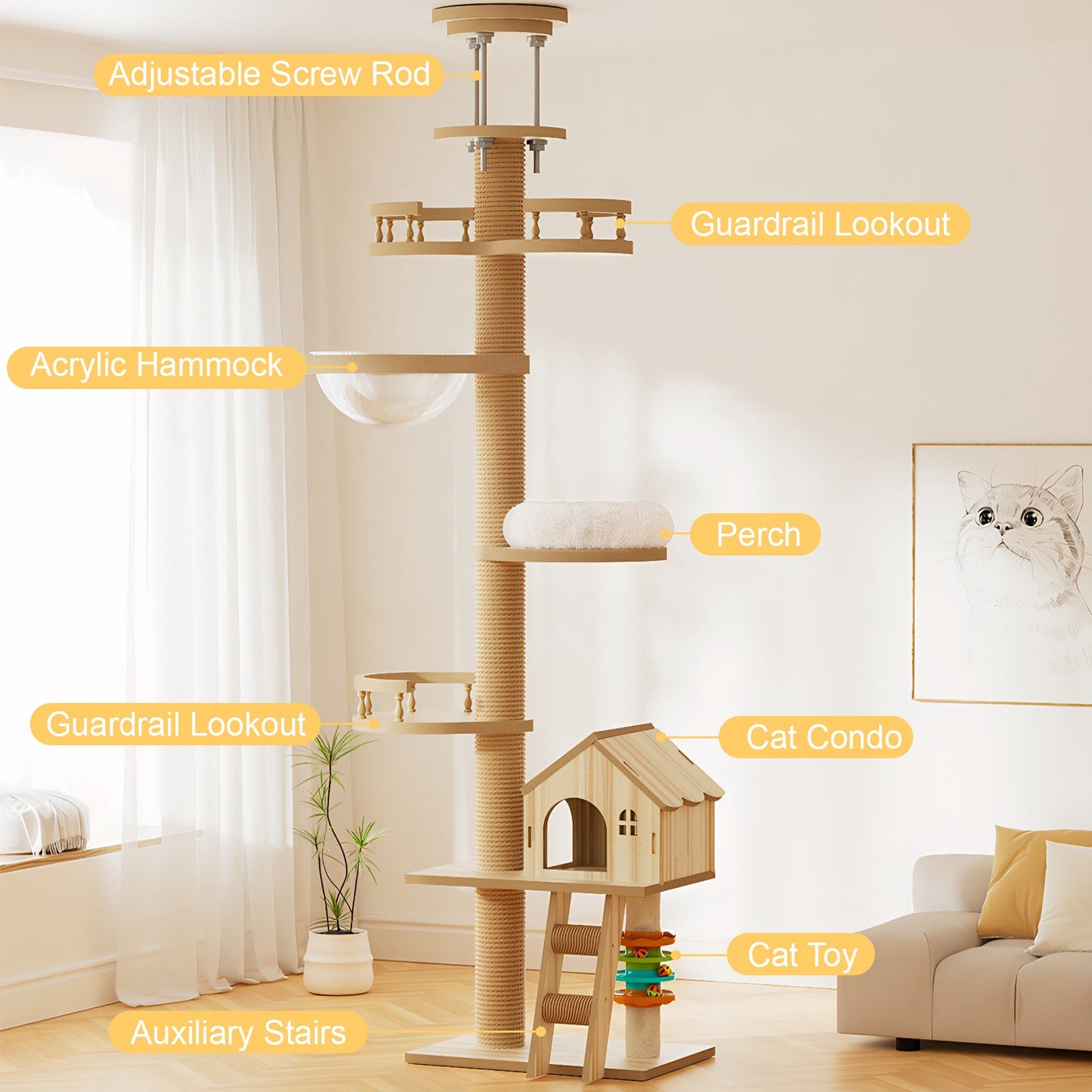Floor to ceiling cat tree by HouseOfZazla with adjustable height, condo cave, acrylic hammock on Tampa Home & Garden Store