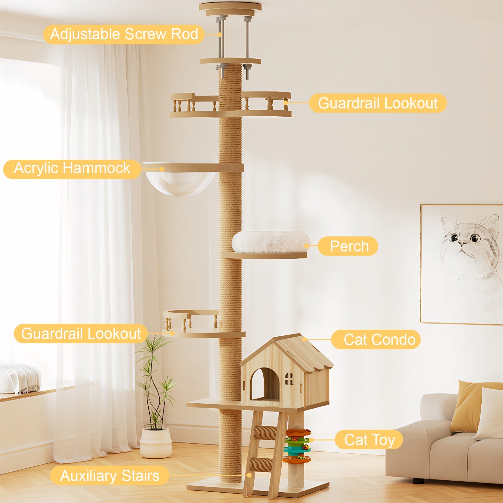 Floor to ceiling cat tree by HouseOfZazla with adjustable height, condo cave, acrylic hammock on Tampa Home & Garden Store