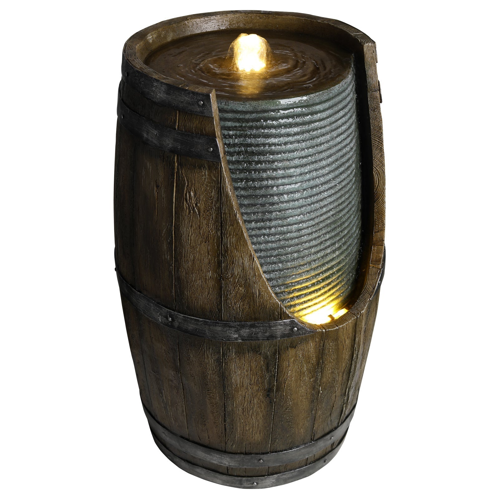 Wooden barrel style outdoor water fountain with lights, rustic wood finish HouseOfZazla on Tampa Home & Garden Store