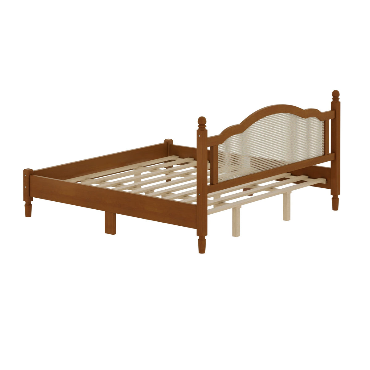 King size wooden platform bed with rattan headboard in warm brown finish HouseOfZazla on Tampa Home & Garden Store