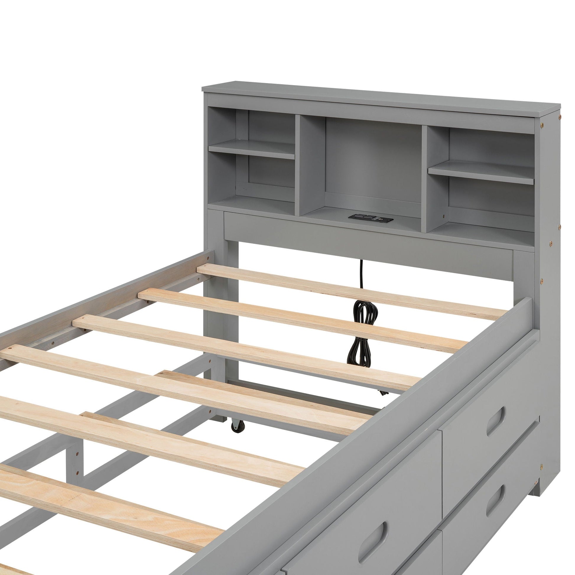 Platform bed with storage headboard in gray finish, USB, trundle and 3 drawers on Tampa Home & Garden Store