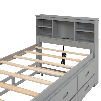 Platform bed with storage headboard in gray finish, USB, trundle and 3 drawers on Tampa Home & Garden Store