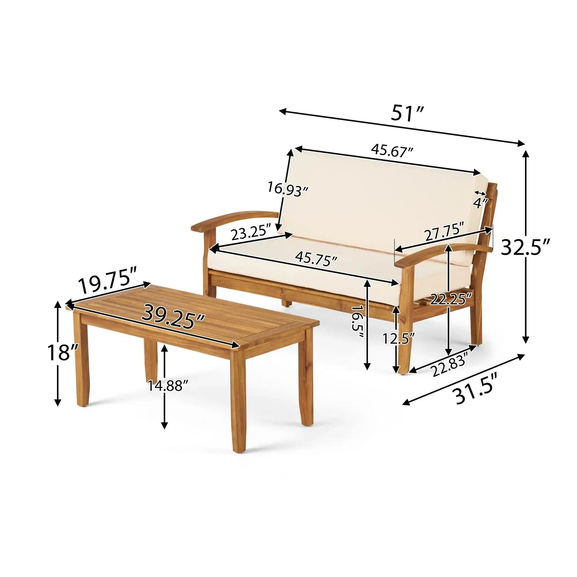 Outdoor chat set with coffee table and loveseat wood frame with cushions HouseOfZazla on Tampa Home & Garden Store