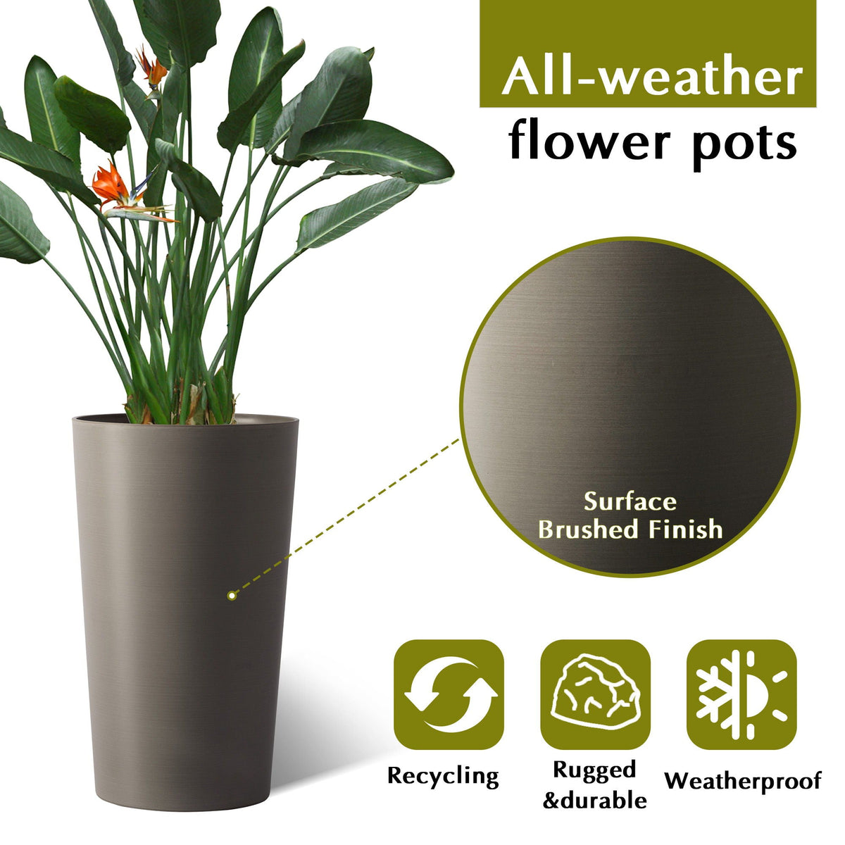 Planter For Outdoor by HouseOfZazla, tall brushed-finish outdoor planter with greenery on Tampa Home & Garden Store