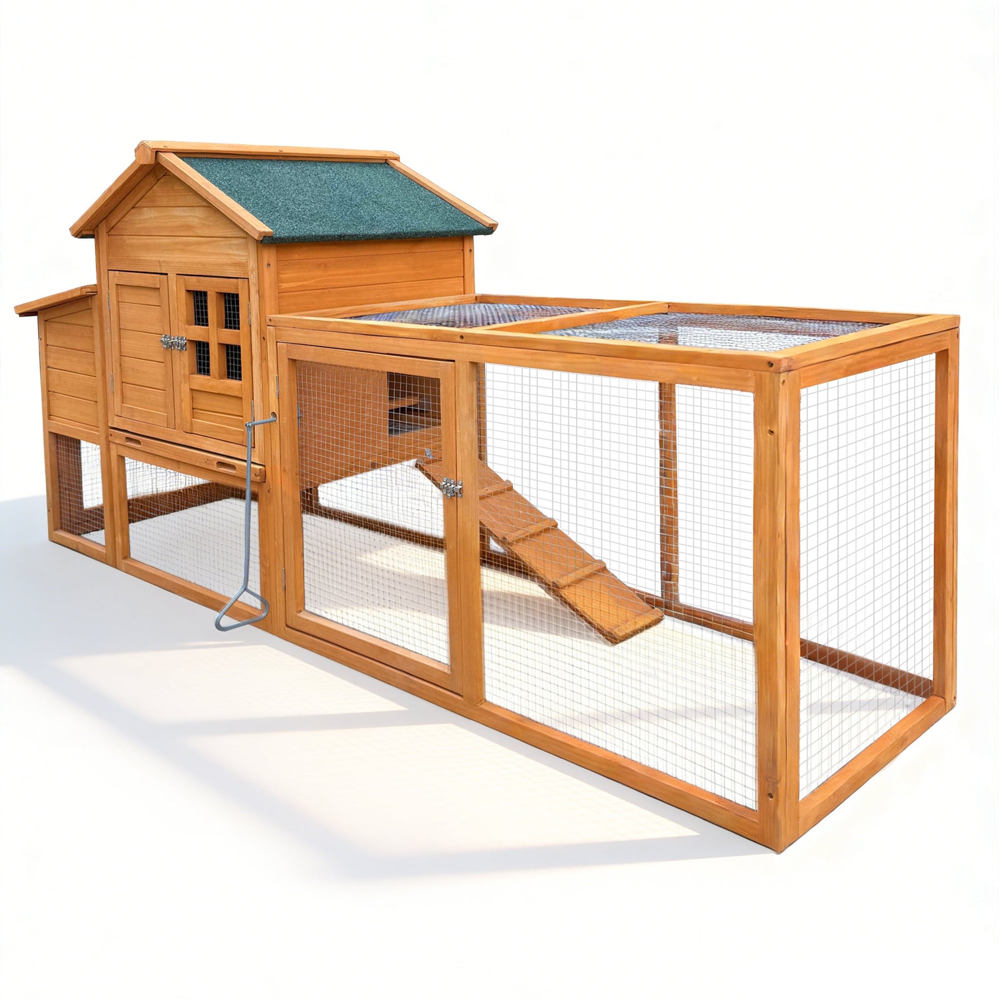 80-inch chicken coop with nest box, natural wood, green roof, wire-mesh run on Tampa Home & Garden Store