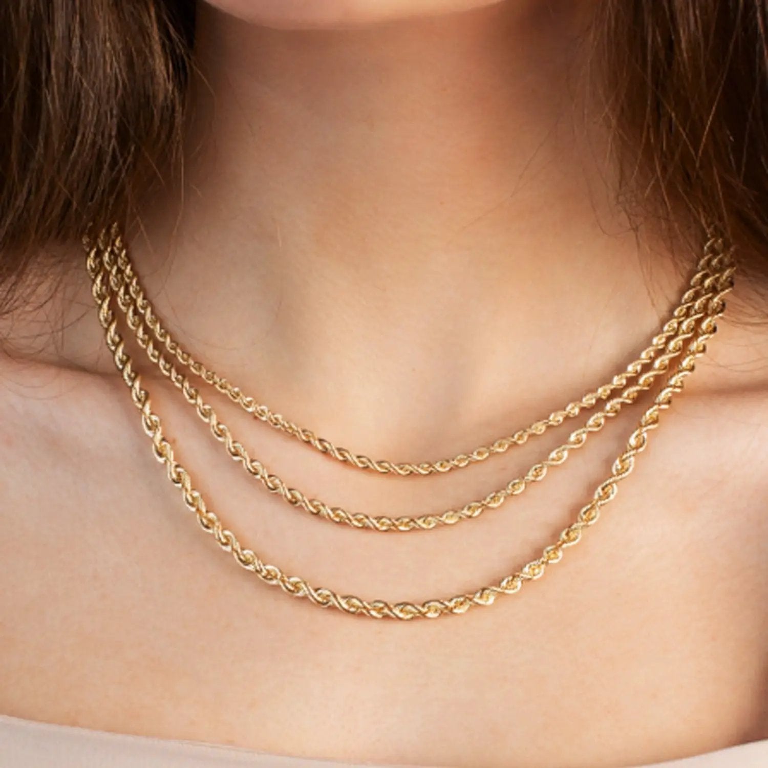 14k yellow gold light rope chain necklace, 4.30 mm, layered triple strand on Tampa Home & Garden Store