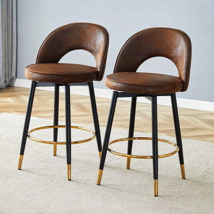 Upholstered swivel bar chair pair in brown leather with black metal legs and gold footrings on Tampa Home & Garden Store