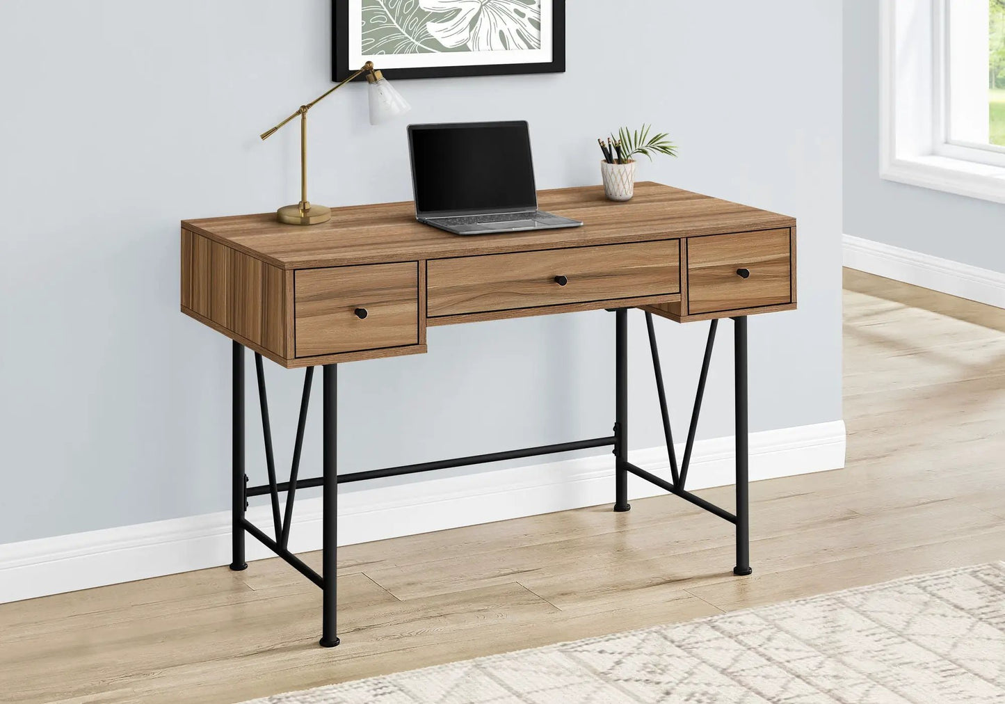Computer desk for home office with three storage drawers, wood finish and black metal legs on Tampa Home & Garden Store