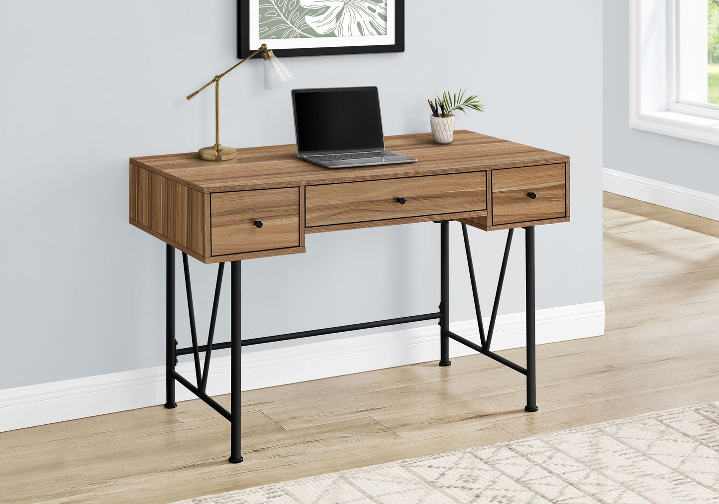 Computer Desk For Home Office wood finish with three storage drawers and black metal legs on Tampa Home & Garden Store