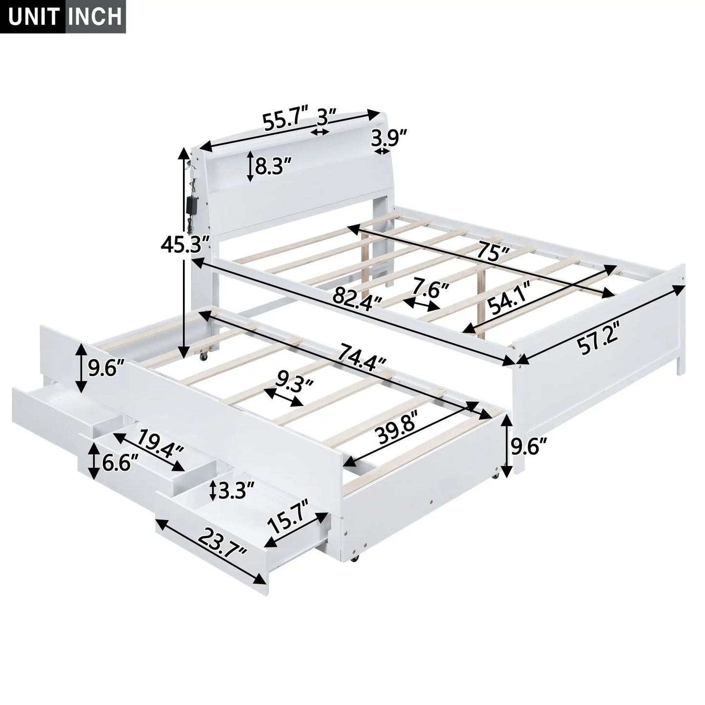 Full-size platform bed with storage LED headboard, white finish, twin trundle, 3 drawers on Tampa Home & Garden Store