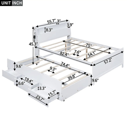 Full-size platform bed with storage LED headboard, white finish, twin trundle, 3 drawers on Tampa Home & Garden Store