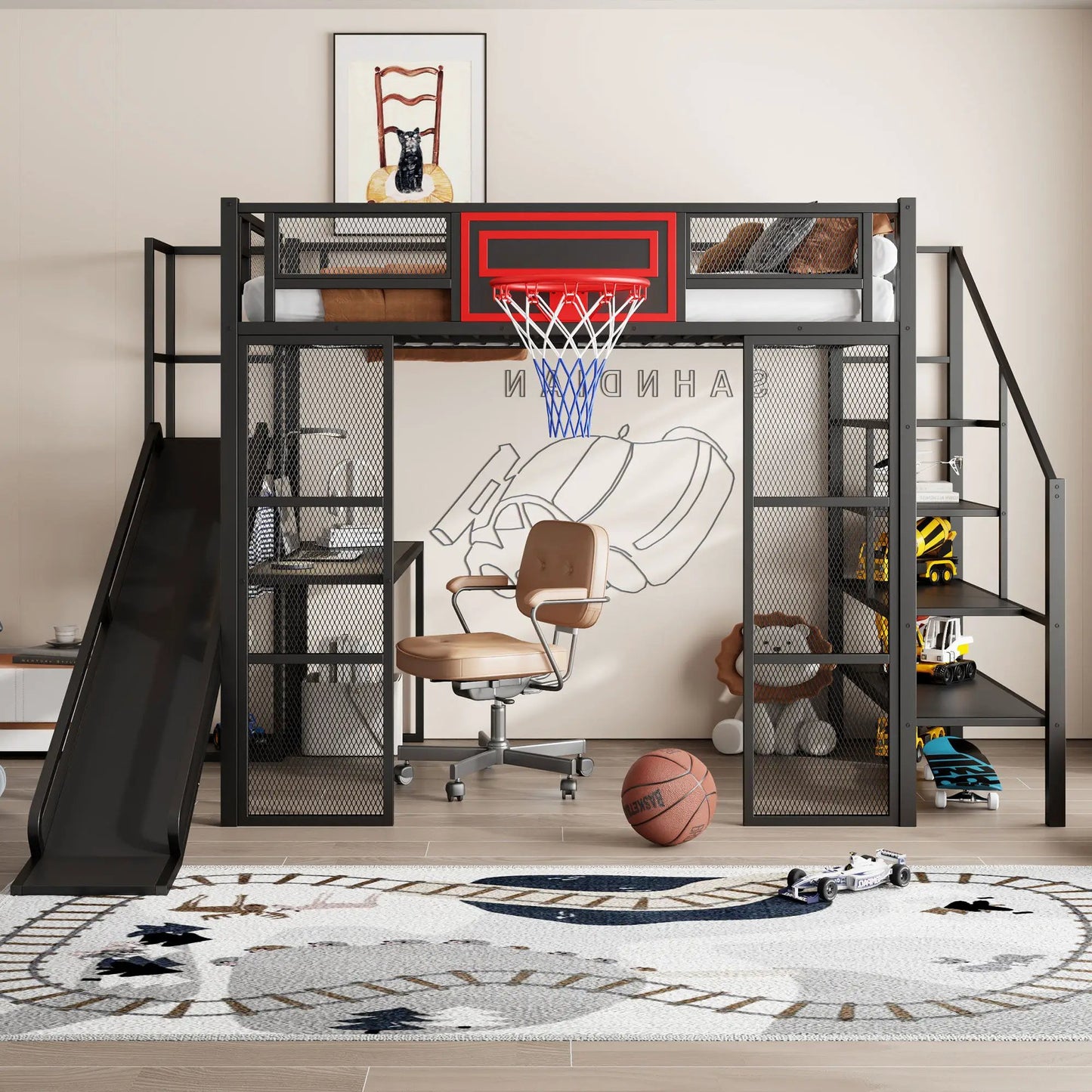 Loft bed with desk, basketball hoop, slide and stairs in black metal Unique Piece Furniture on Tampa Home & Garden Store