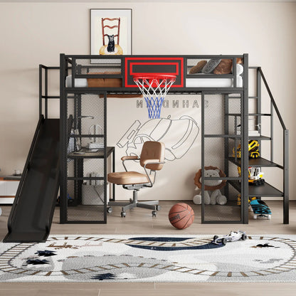 Loft bed with desk, basketball hoop, slide and stairs in black metal Unique Piece Furniture on Tampa Home & Garden Store