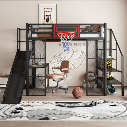 Loft bed by HouseOfZazla with desk, wardrobe, basketball hoop and slide in black metal frame on Tampa Home & Garden Store