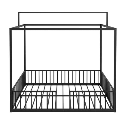 Canopy bed frame 3-in-1 Montessori floor bed with fenced guard rails in black metal HouseOfZazla on Tampa Home & Garden Store