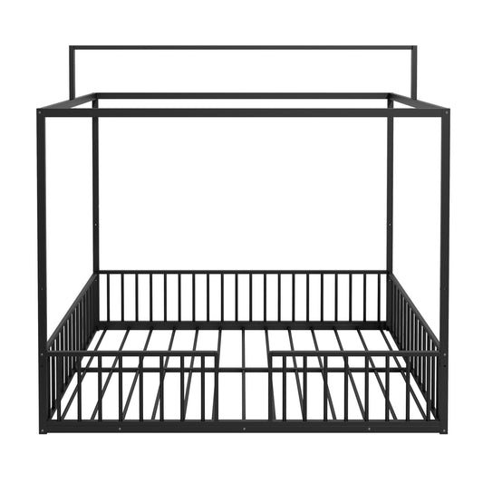 Canopy bed frame 3-in-1 Montessori floor bed with fenced guard rails in black metal HouseOfZazla on Tampa Home & Garden Store