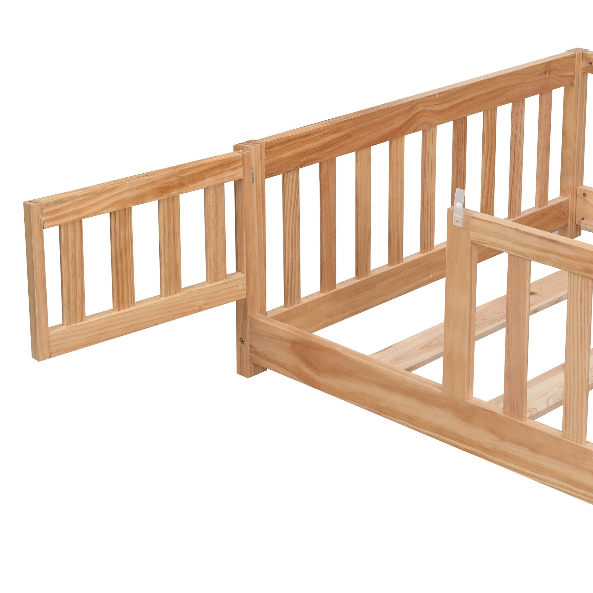 Solid floor bed with door and fence for children in natural pine, platform bed frame on Tampa Home & Garden Store
