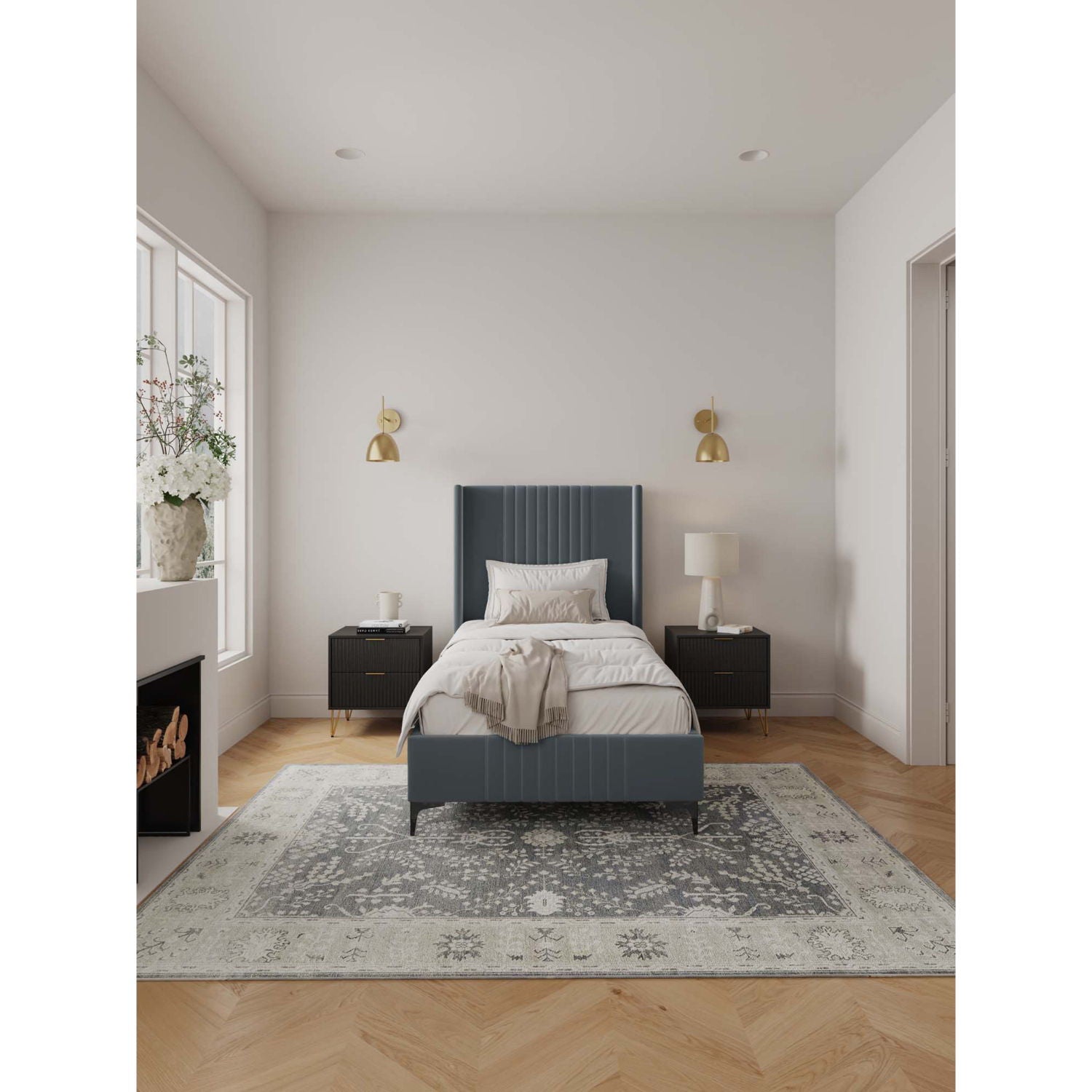 Promenade upholstered bed with blue tufted headboard and slats, with dark nightstands on Tampa Home & Garden Store
