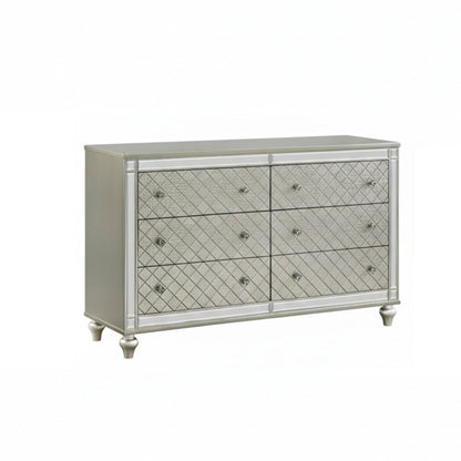 Six Drawer Dresser With Diamond Patterned Silver