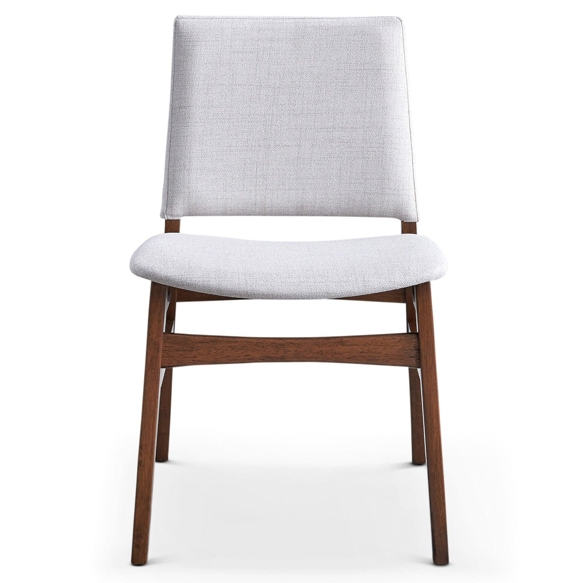 Brown solid wood frame dining chair with light gray fabric upholstery on Tampa Home & Garden Store