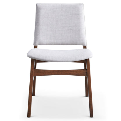 Brown solid wood frame dining chair with light gray fabric upholstery on Tampa Home & Garden Store