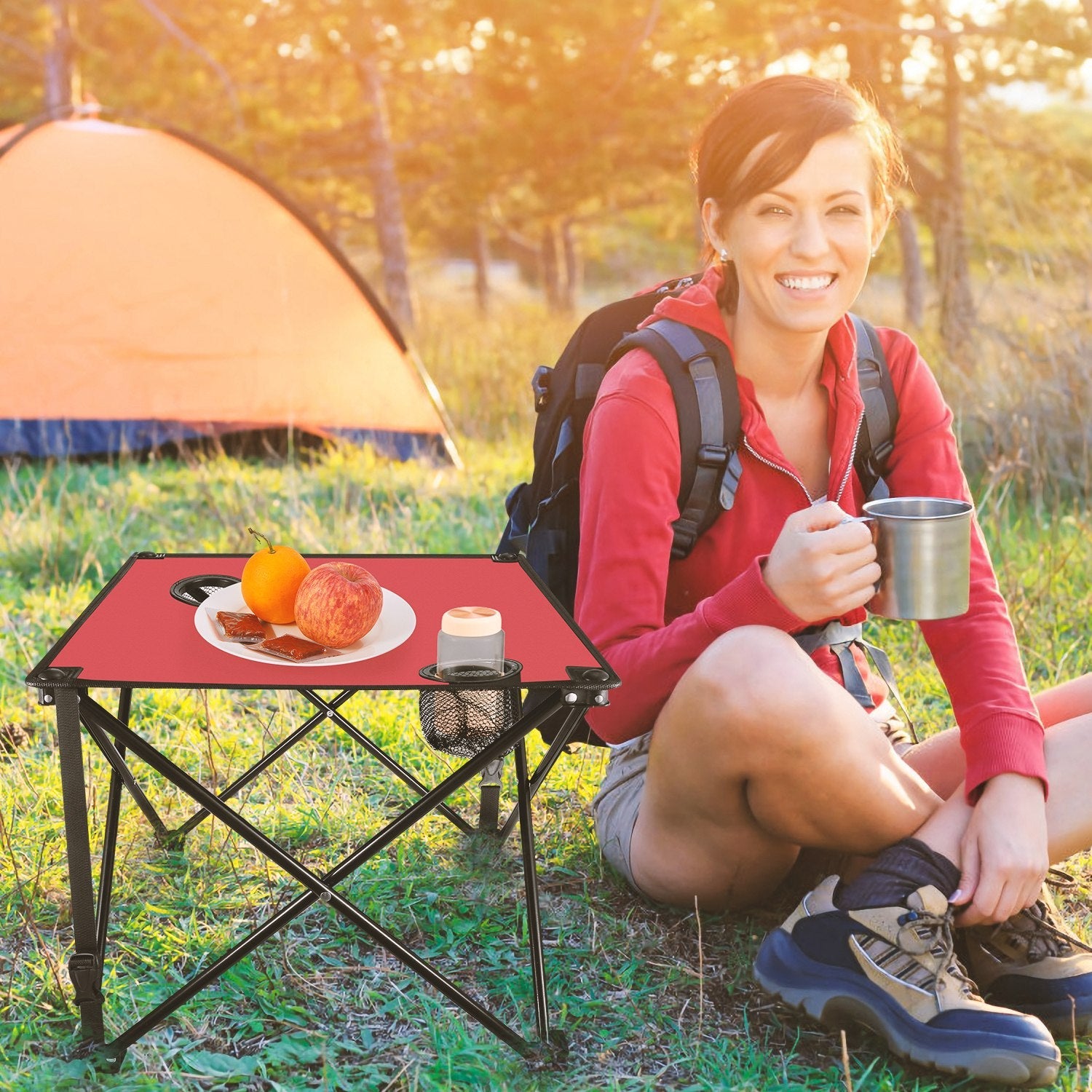 GemGear foldable camping table with 2 cup holders and red tabletop for outdoor picnics on Tampa Home & Garden Store