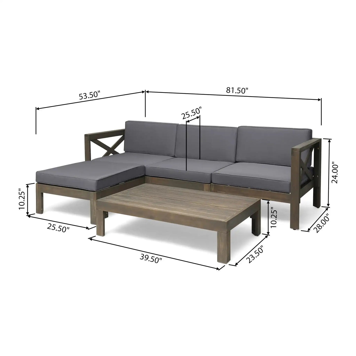 Alcove L-shaped outdoor sofa set, 2-piece, gray cushions, wood frame by HouseOfZazla on Tampa Home & Garden Store