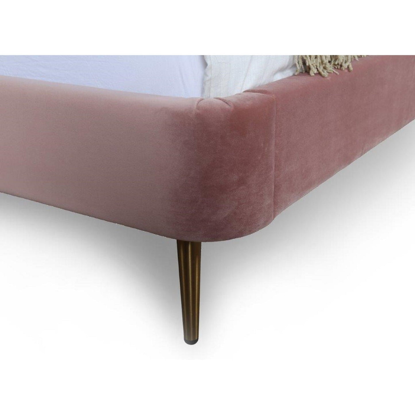 Heather pink velvet upholstered bed with curved side panel and tapered brass legs on Tampa Home & Garden Store