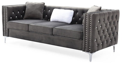 Paige Sofa grey velvet sofa with tufted back, crystal studs, chrome legs HouseOfZazla on Tampa Home & Garden Store