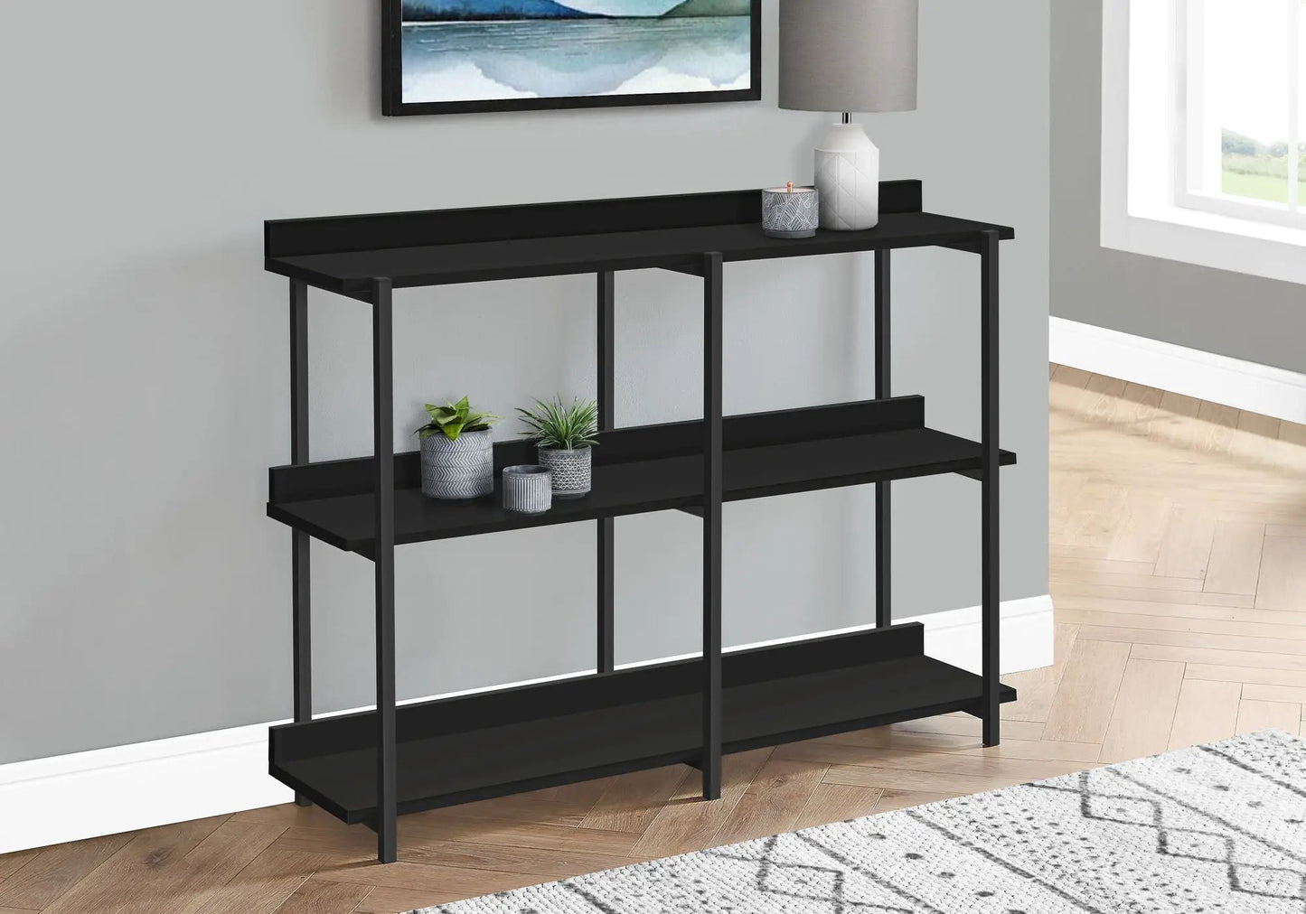 Accent Console Table For Entryway, 3 Tier Design in black metal frame for a sleek entryway look on Tampa Home & Garden Store