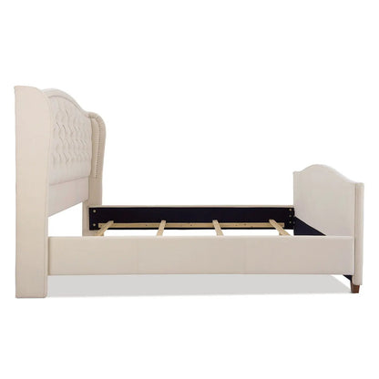 Marcella Upholstered Shelter Headboard Bed Set cream fabric with tufted headboard on Tampa Home & Garden Store