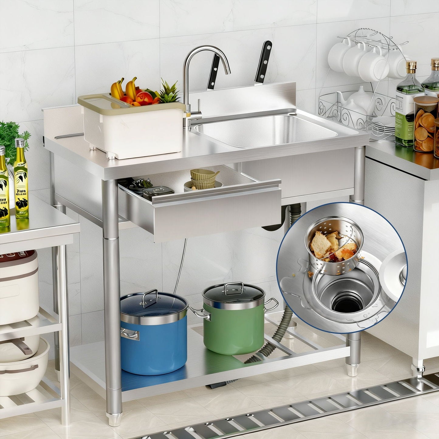 Stainless steel outdoor utility sink with workbench, left drawer, storage shelf and 360° faucet on Tampa Home & Garden Store