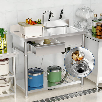 Stainless steel outdoor utility sink with workbench, left drawer, storage shelf and 360° faucet on Tampa Home & Garden Store