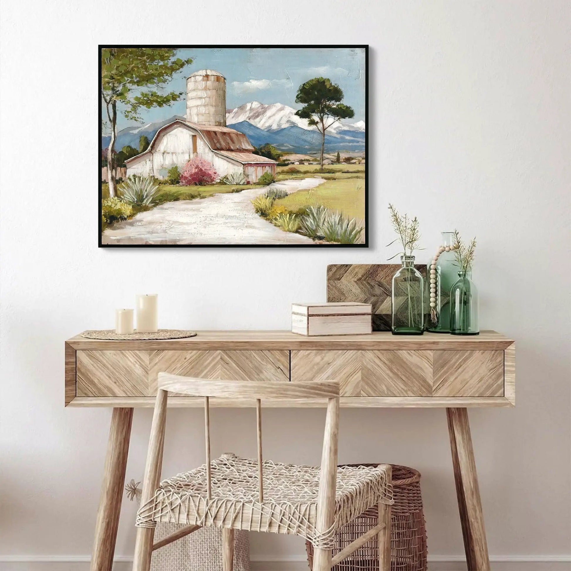 Framed canvas art Barn and silo field scene with wildflowers and distant mountains in blue tones on Tampa Home & Garden Store