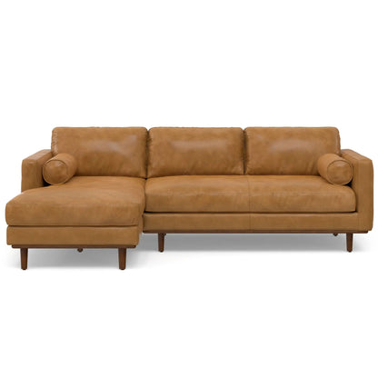 Morrison upholstered sectional sofa in tan leather with left chaise and tapered wood legs on Tampa Home & Garden Store