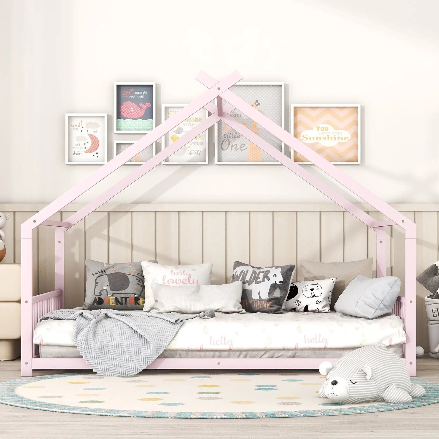 Metal House Bed pastel pink canopy frame with wall art in a kid's room by Unique Piece Furniture on Tampa Home & Garden Store