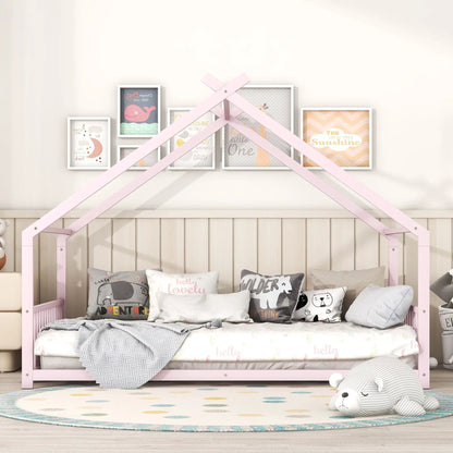 Metal House Bed pastel pink canopy frame with wall art in a kid's room by Unique Piece Furniture on Tampa Home & Garden Store