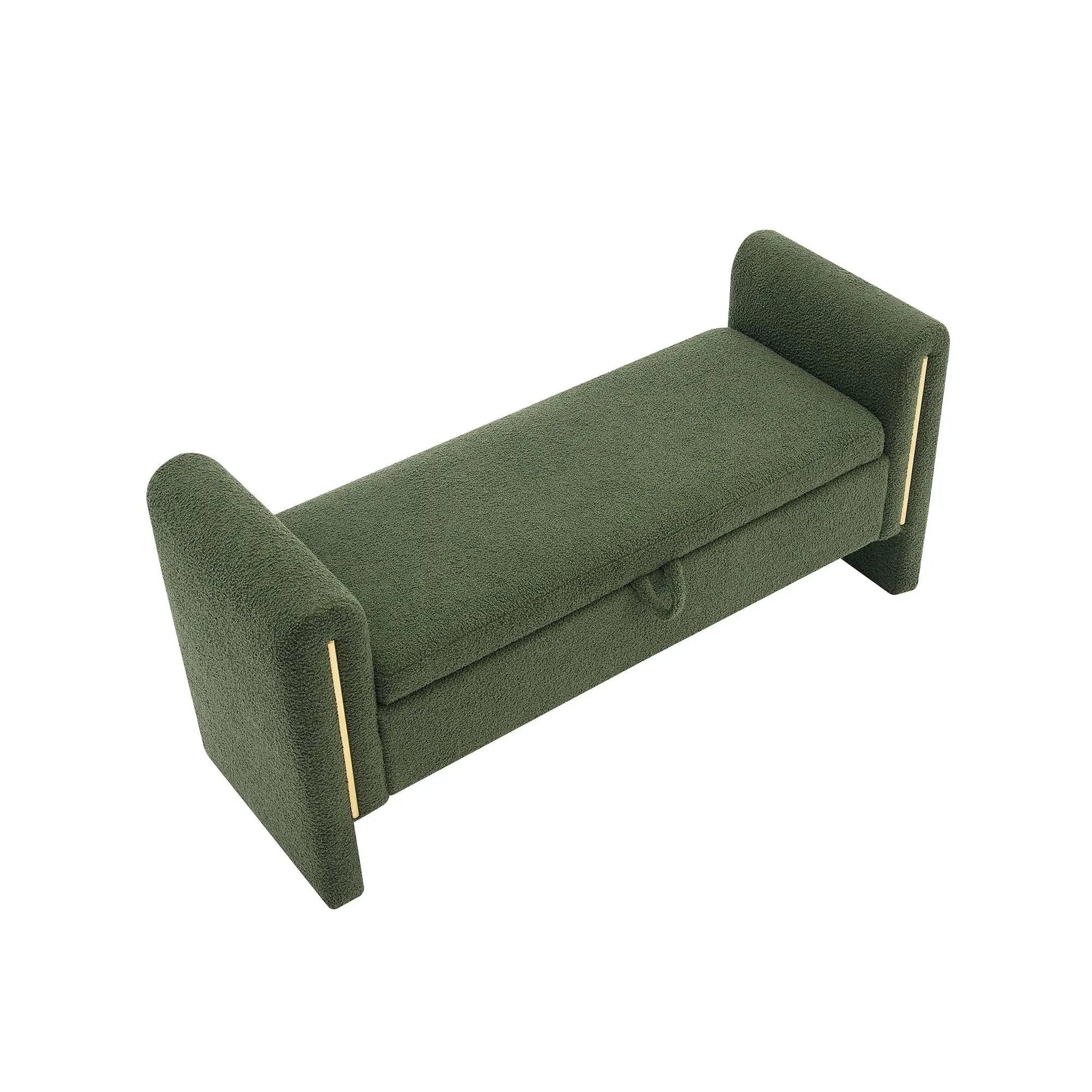 Bed end bench upholstered with arms and storage in green fabric by Unique Piece Furniture on Tampa Home & Garden Store