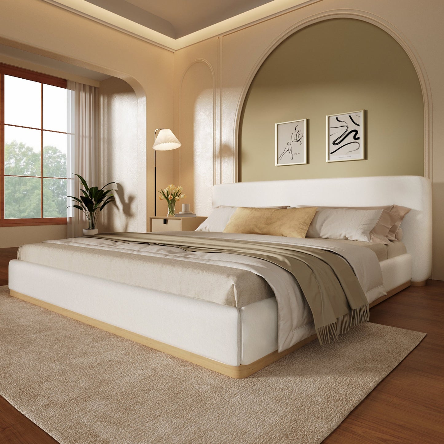 Elegant king bed with beige upholstered headboard and solid light wood frame on Tampa Home & Garden Store