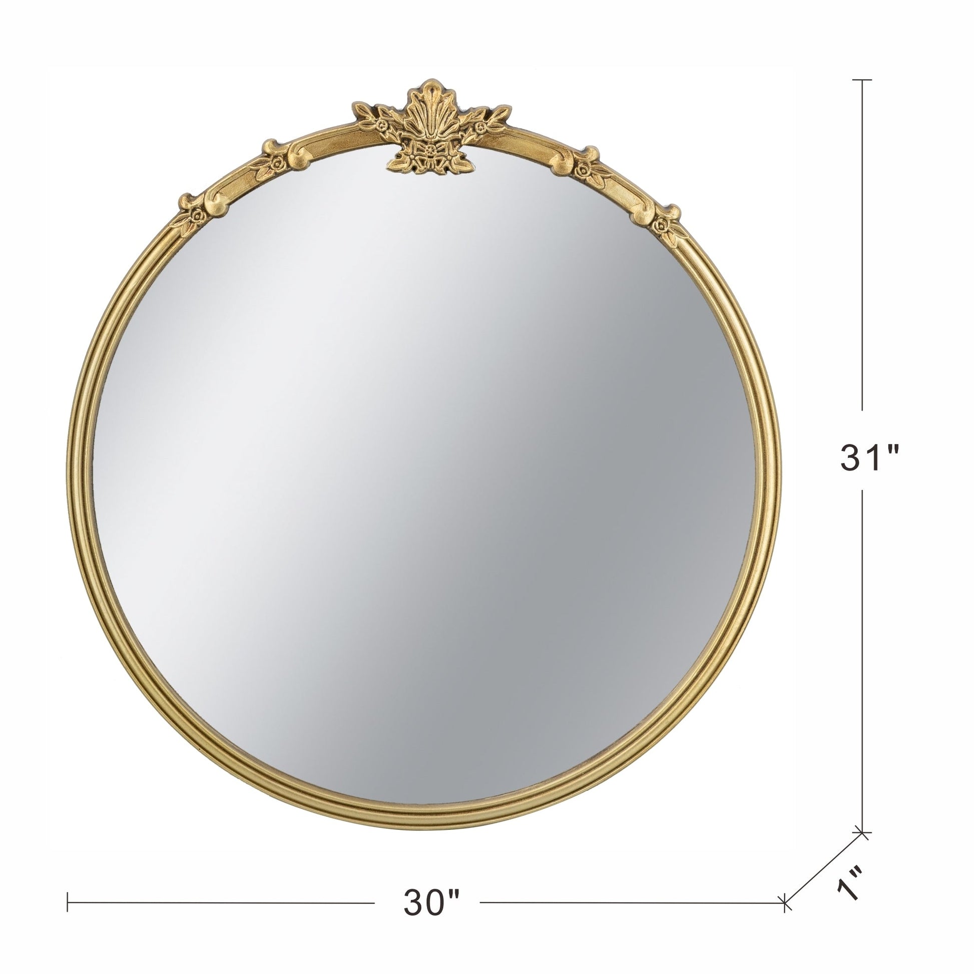 Round wall mirror with ornate gold finish and decorative leaf crest, 30x31 inches, HouseOfZazla on Tampa Home & Garden Store