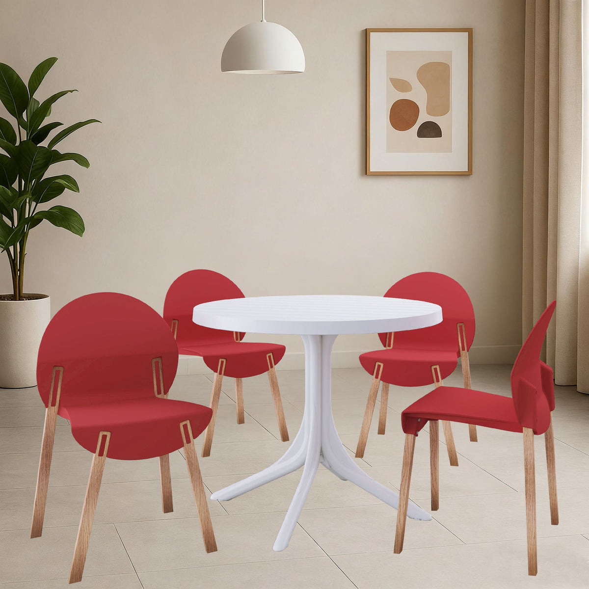 Traditional 4 Piece Outdoor Chair Set with Round Table featuring red chairs and white tabletop on Tampa Home & Garden Store
