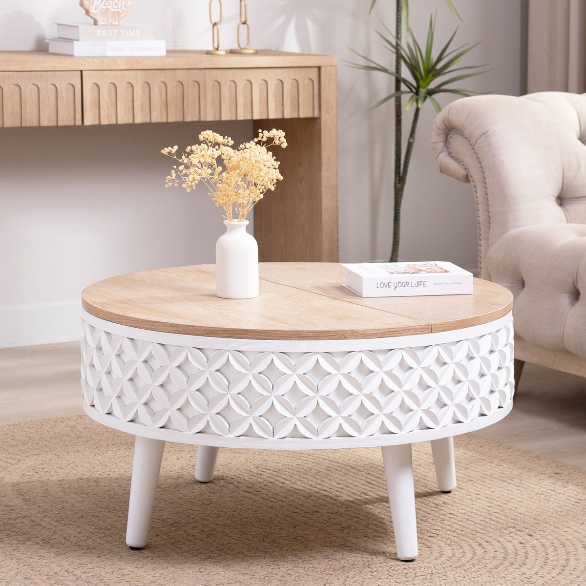 Round coffee table with storage in white and light oak finish by HouseOfZazla on Tampa Home & Garden Store