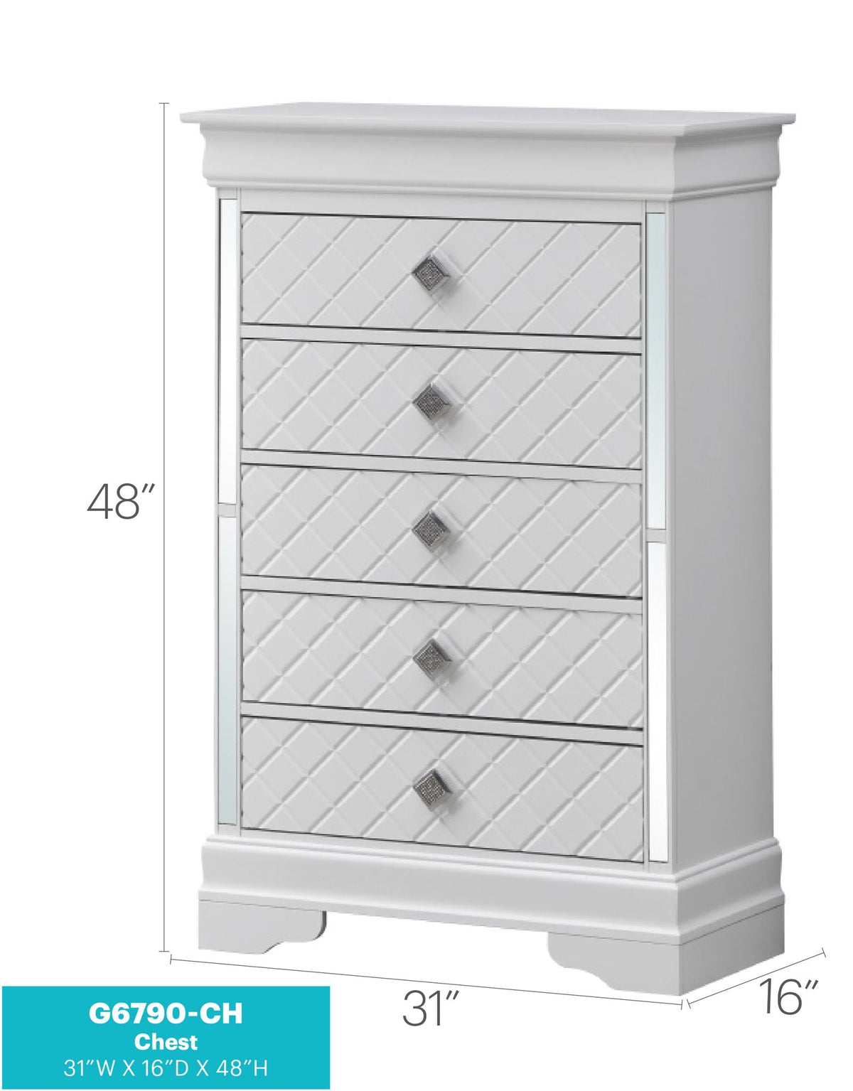 Silver champagne accent chest with embossed diagonal X fronts and crystal knobs mirrored on Tampa Home & Garden Store