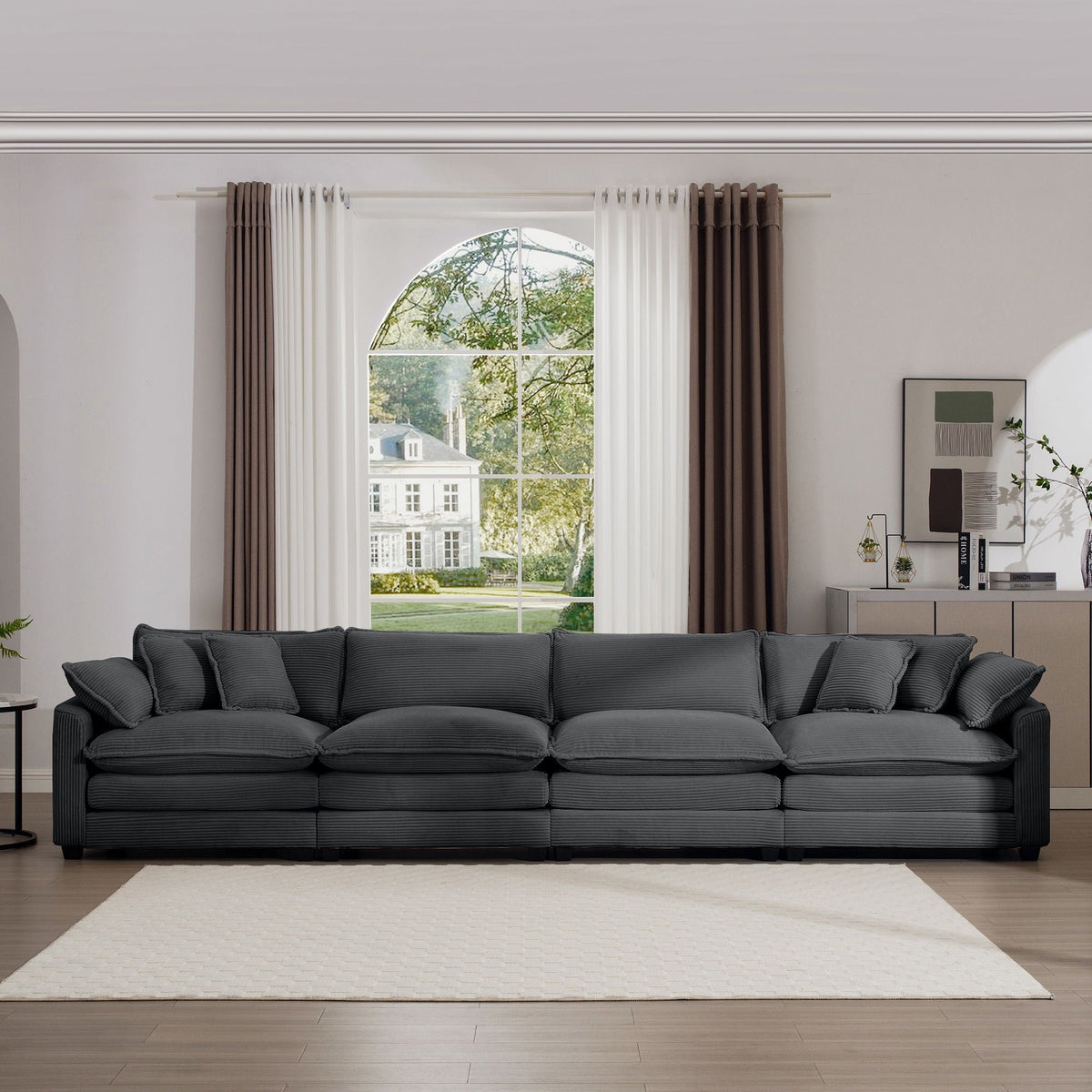 Modern Four Seater Fabric Sofa And Pillows