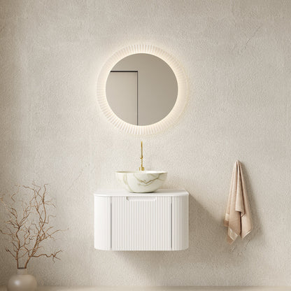 Dina 24in floating bathroom vanity with marble vessel sink, white ribbed cabinet, gold faucet on Tampa Home & Garden Store