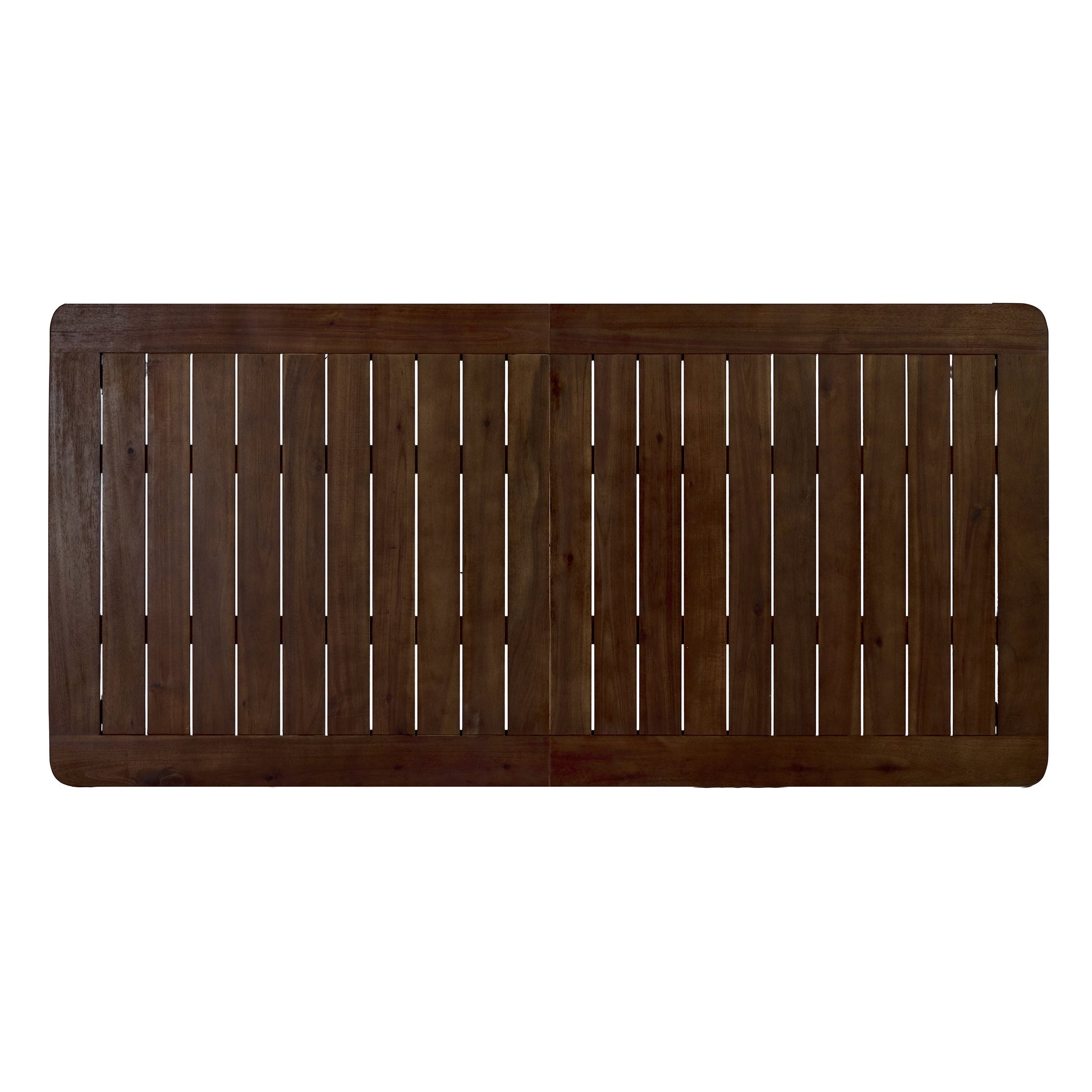 Dark brown acacia wood outdoor dining bench with slatted back and rounded corners on Tampa Home & Garden Store