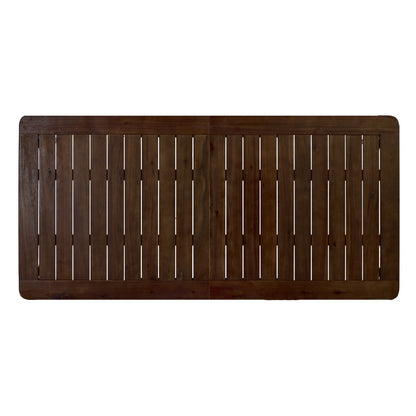 Dark brown acacia wood outdoor dining bench with slatted back and rounded corners on Tampa Home & Garden Store