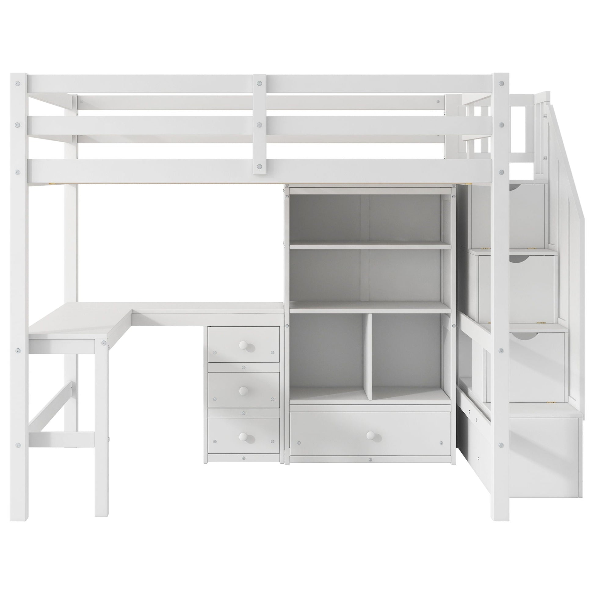 Loft bed with L-shaped desk, drawers, cabinet and storage staircase in white by HouseOfZazla on Tampa Home & Garden Store