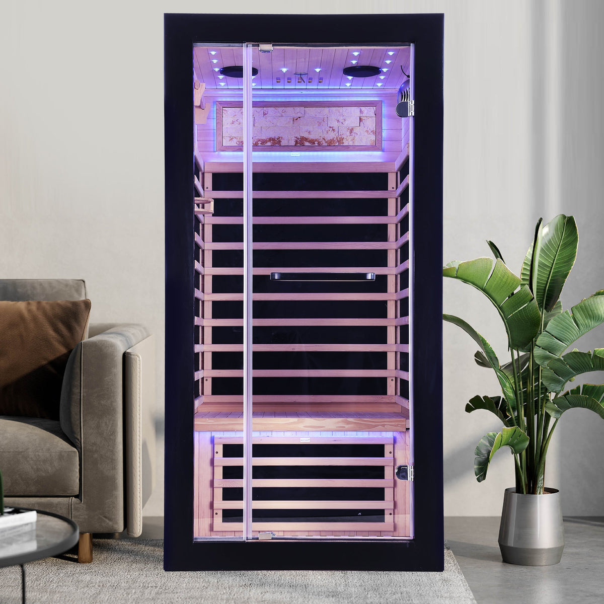 Single-person IR sauna by HouseOfZazla with carbon plate heating in American white oak, door on Tampa Home & Garden Store