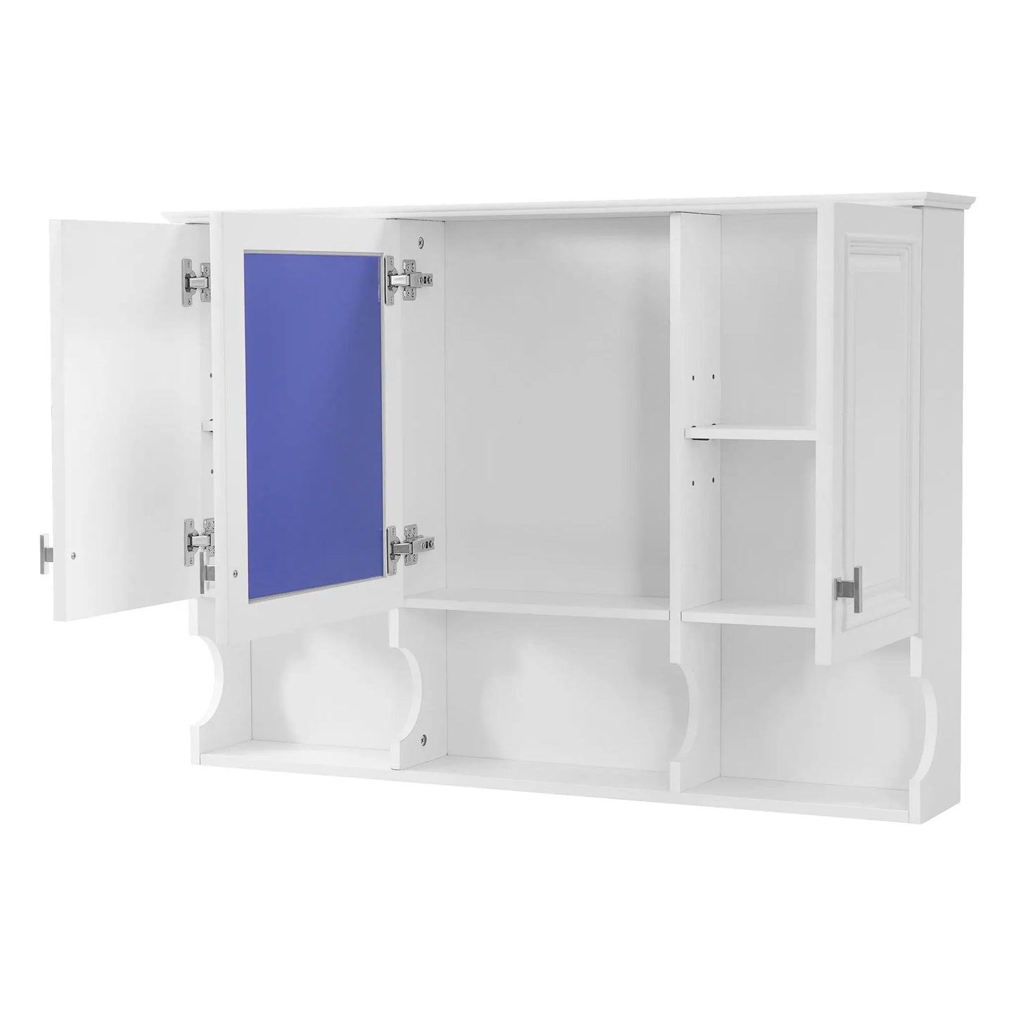 Medicine cabinet wall with open doors, blue interior panel and adjustable shelves over toilet on Tampa Home & Garden Store